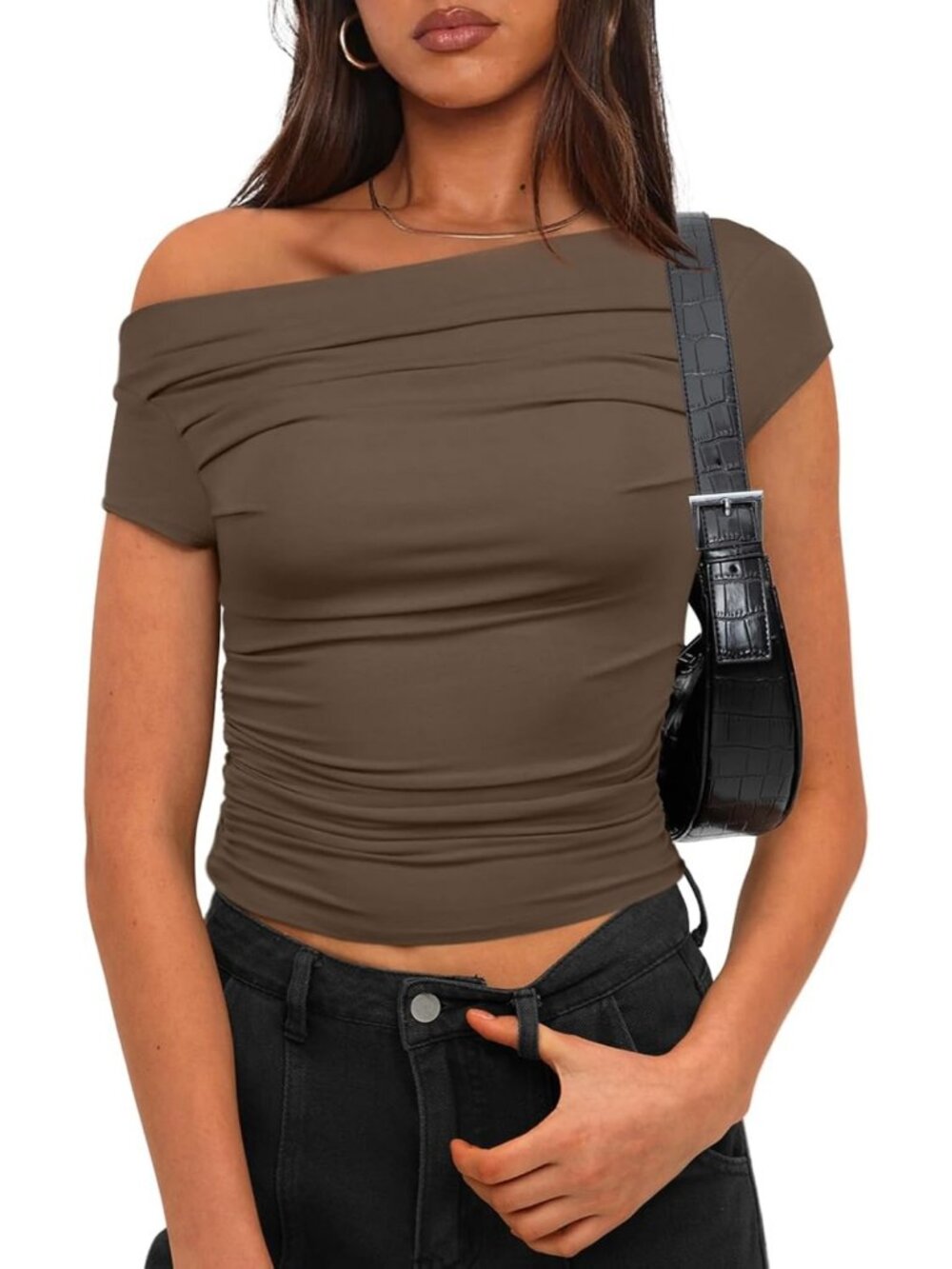 Women's Khaki Cap Sleeve Boat Neck Off Shoulder Top Slim Fit Summer Y2K Shirts